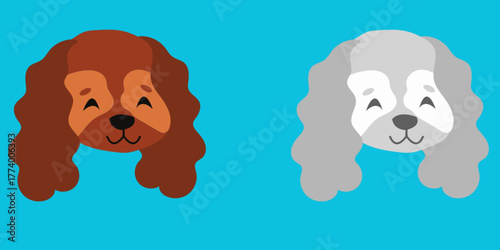 Set of cute Cavalier King Charles Spaniel dog head vector illustrations in flat cartoon style.