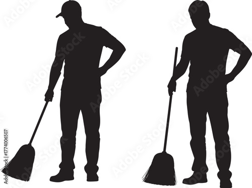 Two silhouettes of men with brooms standing and cleaning isolated on transparent background