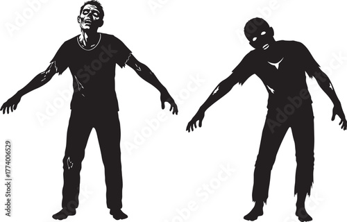 Two terrifying zombie silhouettes with outstretched arms isolated on transparent background