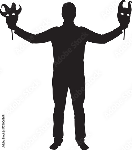 Silhouette of a person holding two contrasting theatrical masks in outstretched arms isolated on transparent background