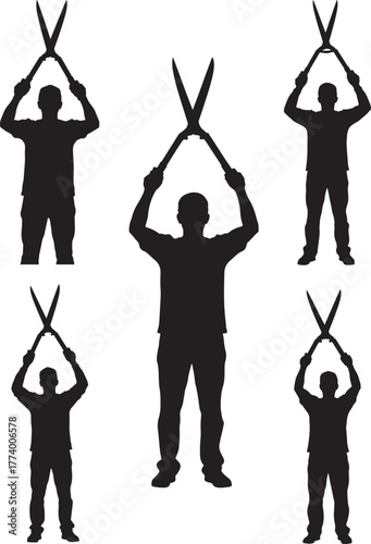 Silhouette of a person holding large garden shears above their head isolated on transparent background