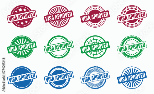 Collection of circular vector stamps and badges signifying approval for visa applications in red, green, and blue