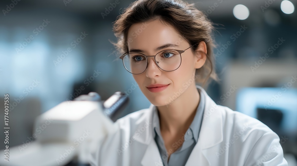 Fototapeta premium Laboratory technician monitoring nanomaterial fabrication through holographic data interface, emotion of fascination and control visible, representing smart manufacturing, quantum-scale design, and