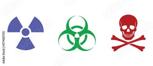 Set of three universal hazard symbols radioactive, biohazard, and poison, presented in a graphic illustration