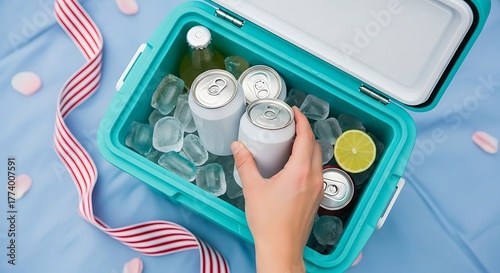 Hand reaching into a cooler filled with ice and soda cans