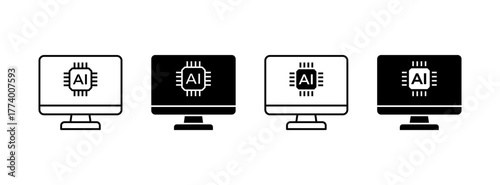 PC with AI Icon Set. Artificial Intelligence technology symbols for web services and modern applications