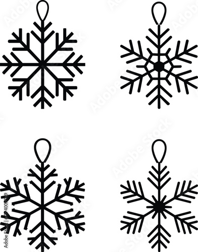 Four distinct snowflake designs ornament icons for festive winter celebrations and decorations