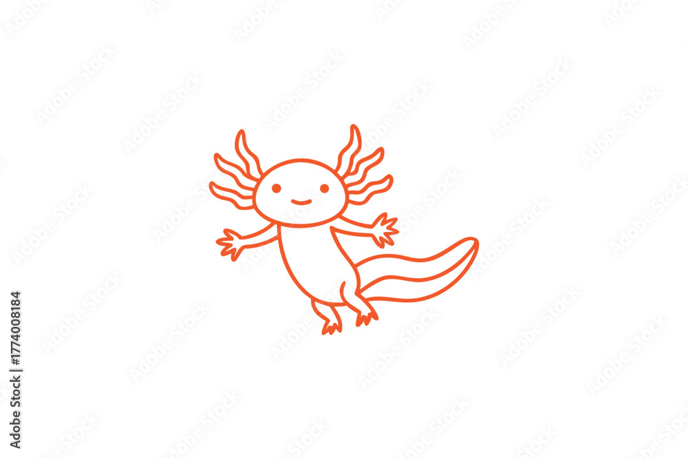 Obraz premium Cute Orange Outline Axolotl Cartoon Character Floating Smiling Adorable Amphibian Aquatic Pet Simple Kawaii Style Illustration for Kids and Nursery