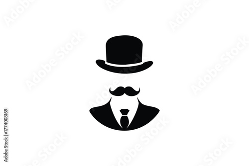 Classic Gentleman Silhouette Icon with Bowler Hat Moustache and Suit Tie Elegant Vintage Style Male Fashion Symbol Design