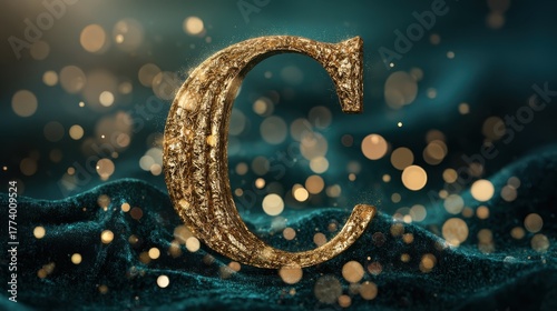 luxury gold christmas letters floating above elegant dark green velvet with sparkling bokeh lights