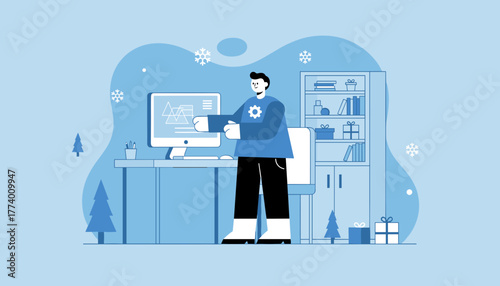Professional working remotely at a winterized desk focused on design or data analysis Flat illustration