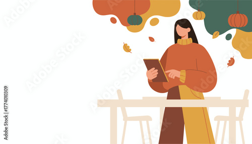 Cozy fall design Woman uses a tablet near a table with autumn leaves and pumpkins background Fall lifestyle illustration