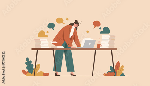 Overworked businesswoman stressed by heavy autumn workload massive paperwork and deadlines