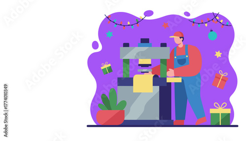 Worker operates manufacturing press machine decorated for Christmas production and holiday sales event