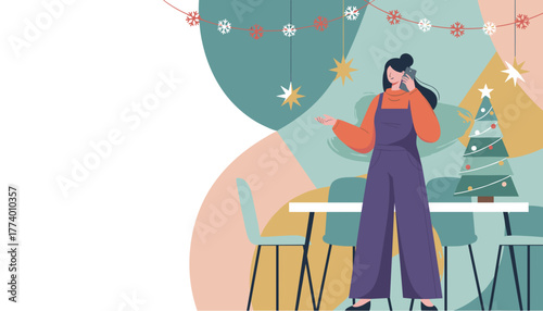 Woman talking on a mobile phone making arrangements for the Christmas holiday season Vector illustration