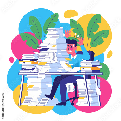 Overwhelmed office worker buried under massive paperwork symbolizing stress and burnout