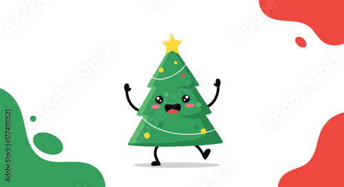 A joyful and whimsical cartoon Christmas tree character decorated with a star and ornaments, happily dancing on a clean white background with abstract festive elements.