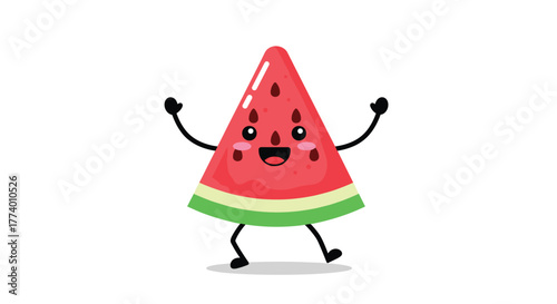 An adorable, happy cartoon watermelon slice character with a wide smile, rosy cheeks, and arms outstretched, playfully posing on a clean white background, symbolizing summer joy.