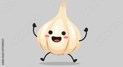 A cute and happy cartoon garlic character, illustrated with a big smile and rosy cheeks, joyfully jumps or dances with arms raised on a plain gray background.