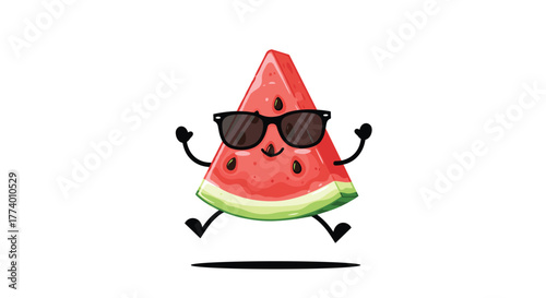 A vibrant and happy watermelon character with dark sunglasses, joyfully leaping in the air, perfect for evoking a sense of tropical delight and healthy eating.