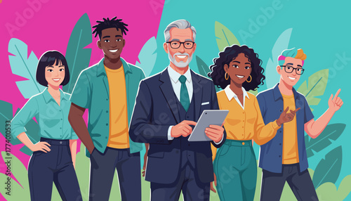 Diverse business team collaborating with a tablet Success innovation and partnership illustration