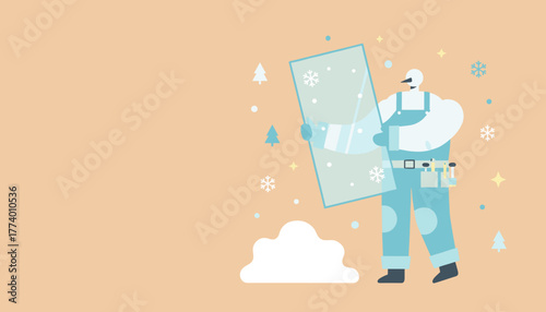 Worker holding large glass panel in winter setting Window installation and insulation service illustration