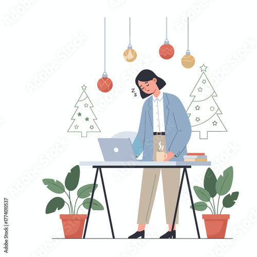 Overworked woman falling asleep at her desk during the stressful holiday season