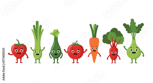A vibrant collection of happy and adorable cartoon vegetable characters, including tomatoes, carrots, and various greens, promoting healthy eating habits.