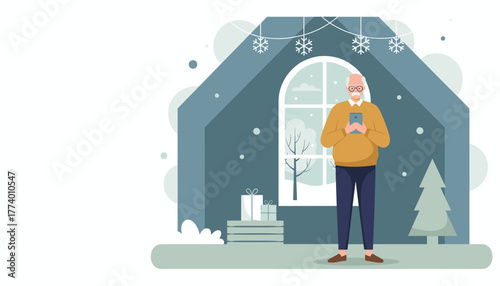 Senior man using a smartphone in a festive room during winter enjoying digital communication and holidays