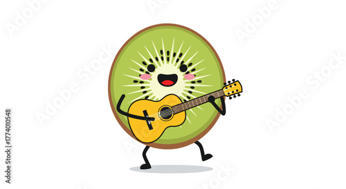 A cartoon kiwi slice character with a happy face, rosy cheeks, and black seeds, playing a yellow acoustic guitar, stands on a white background.