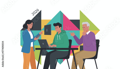 Intergenerational team planning for the future 2026 using technology and teamwork