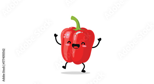 A cheerful and cute cartoon red bell pepper character with a happy face, tiny arms, and legs, jumping joyfully against a clean white background.