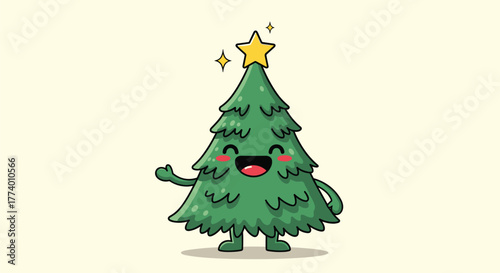 A delightful and expressive cartoon Christmas tree, adorned with a bright yellow star, radiating joy and positivity with its wide smile and encouraging thumbs-up gesture.