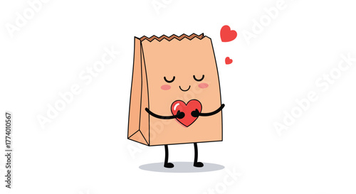 An adorable cartoon brown paper bag character radiates happiness, gently embracing a vibrant red heart, with smaller hearts floating, symbolizing affection and care.