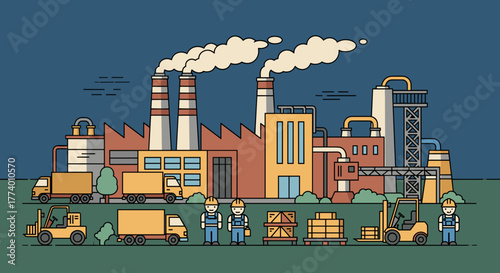 Industrial factory complex illustration with logistics workers production and air pollution