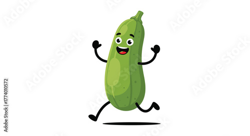 A playful and energetic cartoon zucchini mascot, depicted with a wide smile and raised arms, is enthusiastically running or jumping, casting a small shadow on a pristine white background.