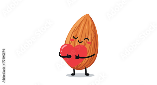A cheerful cartoon almond character with rosy cheeks and a happy expression hugs a bright red heart, symbolizing love and heart health, isolated on a white background.