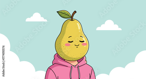 A serene cartoon pear head wearing a pink hoodie smiles peacefully under a clear blue sky with fluffy white clouds, embodying a tranquil and whimsical vibe.