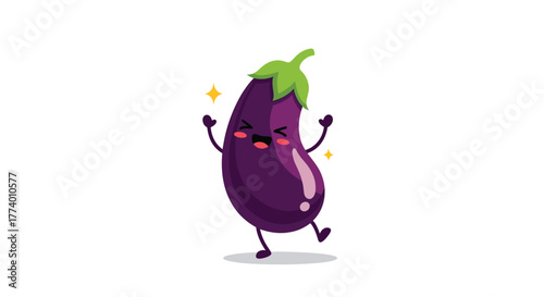 A cute and vibrant cartoon eggplant character with a cheerful expression, rosy cheeks, and sparkling stars, happily jumping and celebrating on a clean white background.