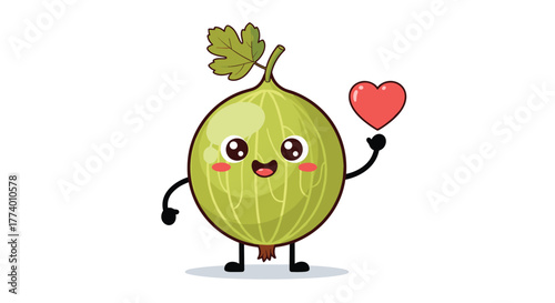 A cheerful and cute green cartoon gooseberry character with a stem and leaf happily holds a shiny red heart, symbolizing love and promoting healthy, fresh fruit.