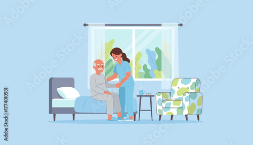 Caregiver assisting elderly man sitting on hospital bed Home healthcare support and nursing
