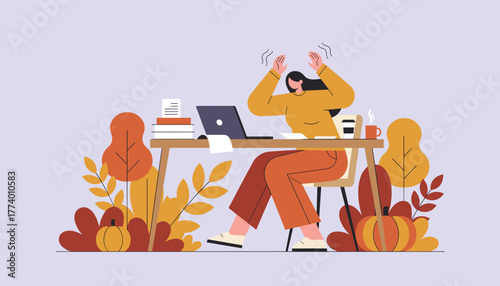 Frustrated woman stressing over work deadlines in an autumnthemed office