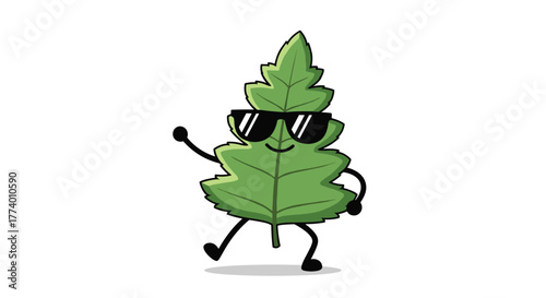 A cheerful cartoon green leaf character with sunglasses happily dances, conveying a fresh and cool vibe, perfect for nature-themed or playful designs.