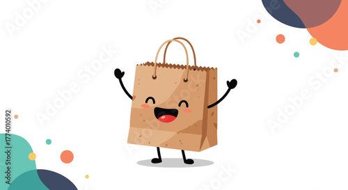 A cute and cheerful cartoon paper bag character illustration with arms and legs, happily smiling on a clean white background with abstract colorful decorations.
