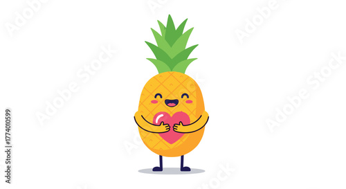 A cute and cheerful cartoon pineapple character with a big smile and rosy cheeks joyfully embraces a bright pink heart, symbolizing love and happiness.