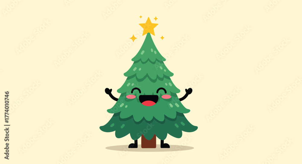 Naklejka premium A cheerful cartoon Christmas tree character with a happy face, rosy cheeks, and sparkling star topper, perfect for holiday greetings and festive designs.