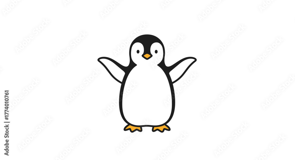 Fototapeta premium A charming, simple cartoon illustration of a friendly little penguin, featuring black and white feathers, an orange beak, and webbed feet, standing cheerfully on a clean white background.