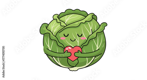 A cute and cheerful cartoon cabbage character with closed eyes and pink cheeks, tenderly holding a red heart, symbolizing love, health, and plant-based nutrition.
