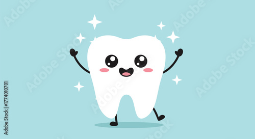 A cheerful, sparkling white cartoon tooth character with a happy smile and raised arms stands on a light blue background, symbolizing dental health and happiness.