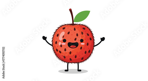 A cute and happy cartoon red rambutan fruit character with a green leaf and a spiky texture stands cheerfully with its arms raised on a white background.